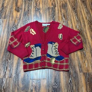 Vintage Robert Scott M Hand Knit Lace up‎ Boot Cardigan Sweater Womens Fall Leaf
